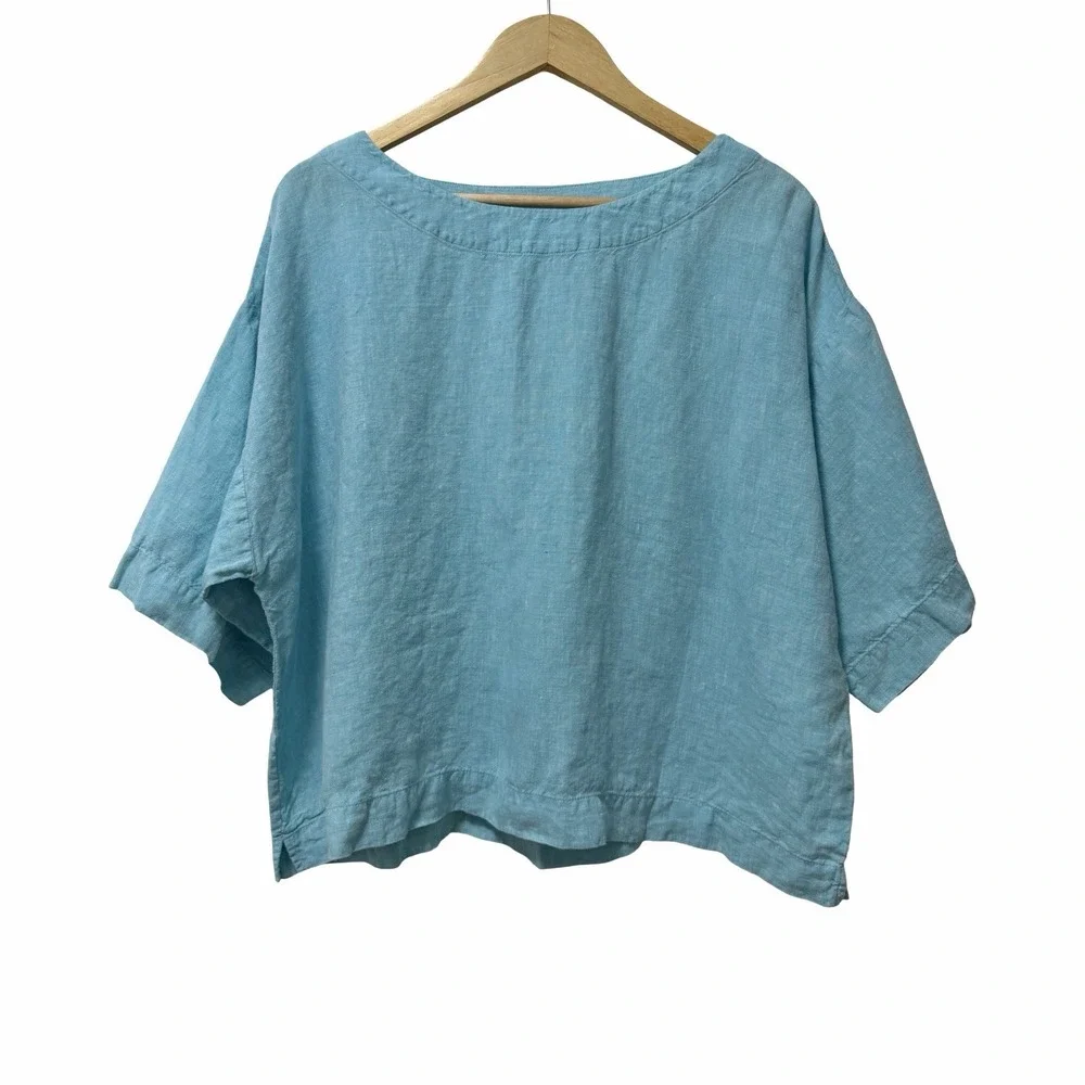 J Jill Womens Linen Boxy Cropped Short Sleeve Top Size MP Blue Coastal Beachy